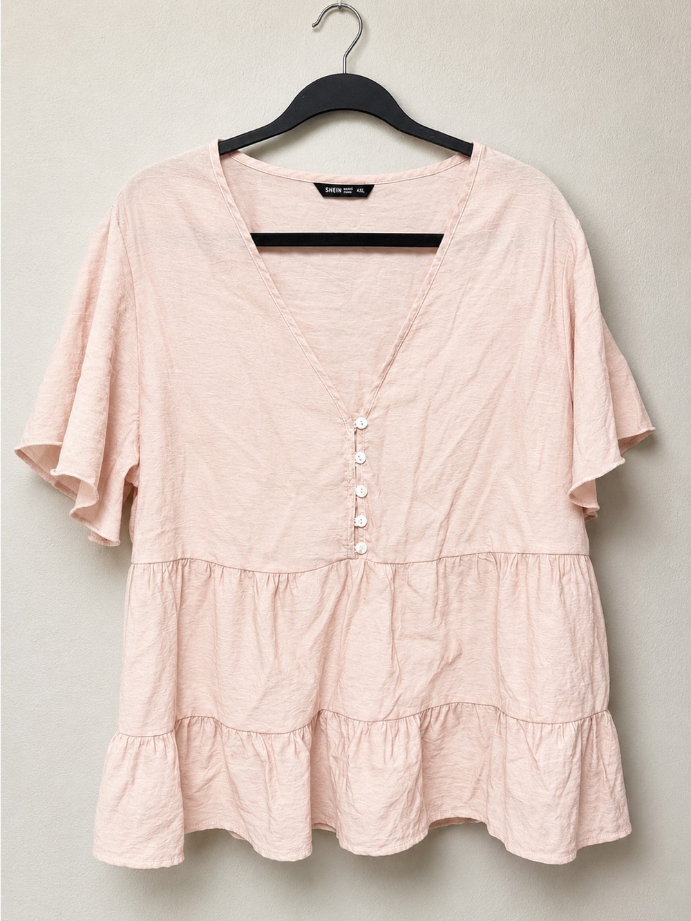 SHEIN Light Pink V-Neck Button Tiered Peplum Blouse